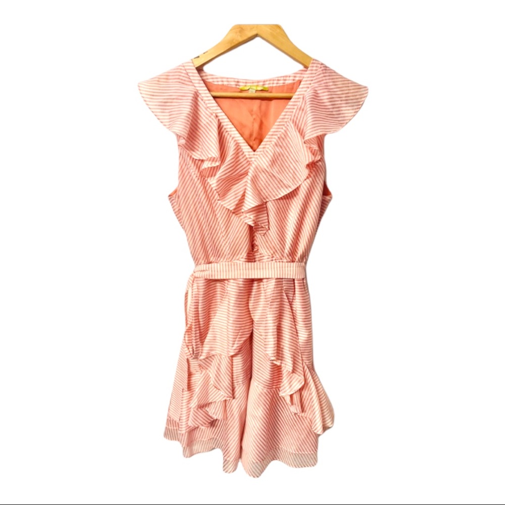 Gianni Bini adorable salmon frilly ruffled pinstripe cocktail fit and flare